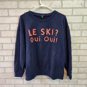J Crew Womens Navy Blue Pull On Crew Neck Sweater LE SKI OUI OUI!  Size XXL